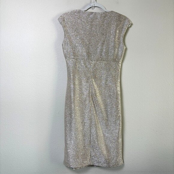 Marina Sheath Cocktail Dress Size 4 Silver Metallic Ruched Waist V Neck Holiday - Picture 4 of 12